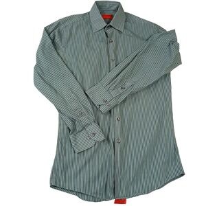 Alfani Fitted Easy‎ Care Men's Green Black Striped Size 14.5 Long Sleeve Shirt